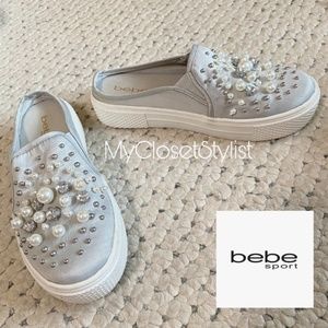 BEBE SPORT Studded Crystals Pearls Platform Sneakers 7.5 1/2 slip-on mule shoes